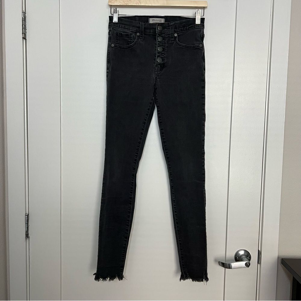 Madewell Jeans Women Sz 27T Black Charcoal 9" High Rise Skinny Button Font Denim